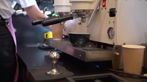 Young Woman Working and Coffee Machine Preparing Fresh Cappuccino in Kitchen of Cafe Spbas