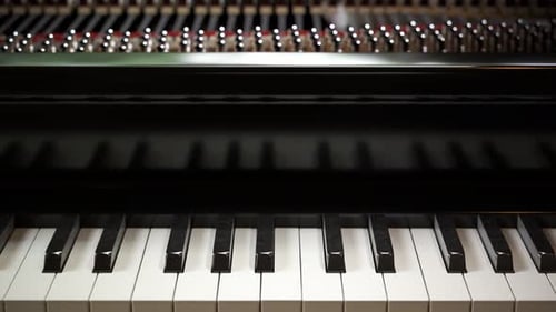Interior view of the grand piano with playing keys and hammers mechanisms. 4KHD