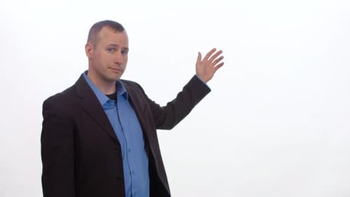 Man presents three items on a white screen with copy space.