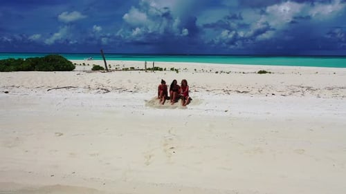 Sexy beauty models on holiday by the sea on beach on clean white sand and blue background 4K