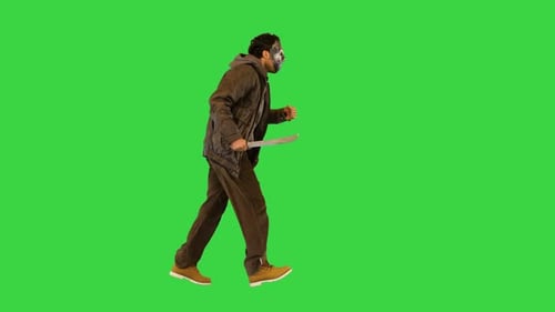 Mad Maniac Guy Insane Killer in Scary Mask and Clothes Run Trying to Catch Up with Frightened Victim