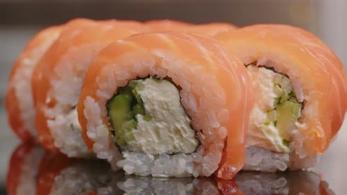 Close Up of Delicious Salmon Sushi Rolls