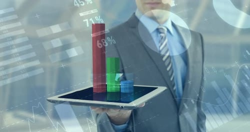 Business man using numeric tablet against finacial data 4k