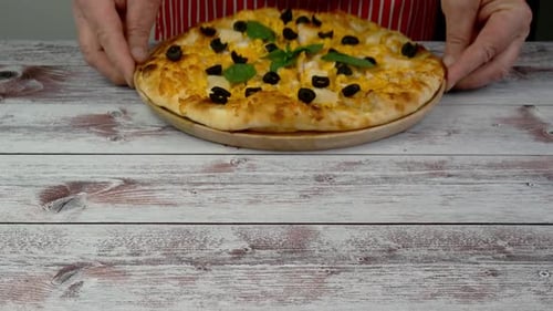 Fresh Pizza Placed on Rustic Wooden Table