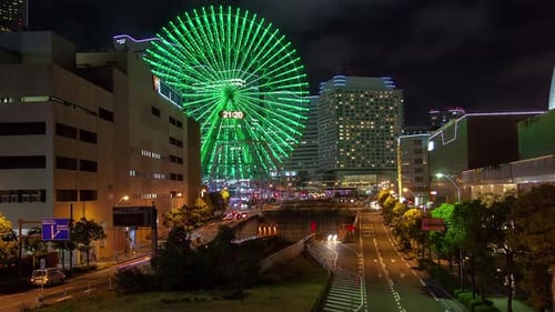 Timelapse Tokyo Road Traffic at Illuminated Ferris Wheel