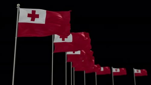 Tonga Flags Waving in Row on Black Background Loop