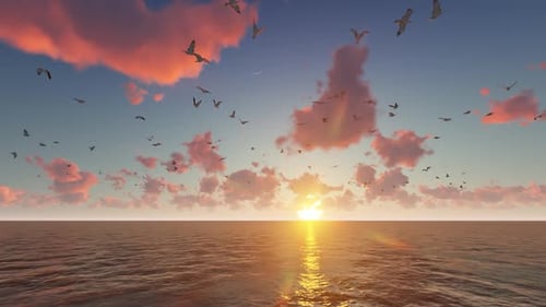 Beautiful Sunset Ocean with Flying Birds and Golden Sky