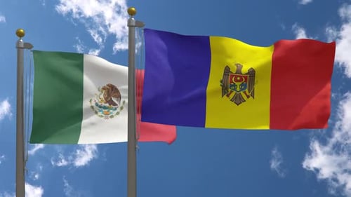 Flags of Mexico and Moldova Waving in the Wind