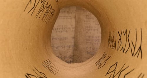 Old scribe library. Retro futhpak scrolls stacked on a pile.
