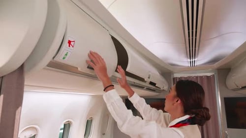 De beaux agents de bord ferment les compartiments à bagages au-dessus de l'avion.