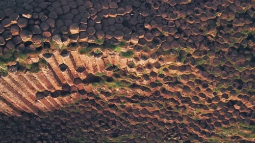 Giants Causeway on Antrim Coast of Northern Ireland. Top down aerial drone view