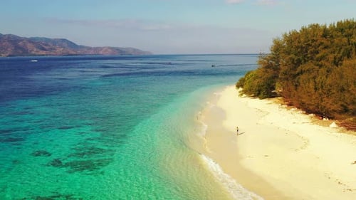 Luxury overhead copy space shot of a sunshine white sandy paradise beach and aqua blue ocean