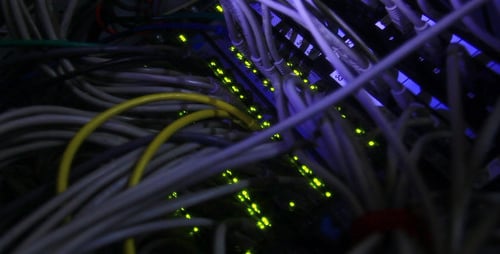 Computer Server Cables with Green Flashing Lights