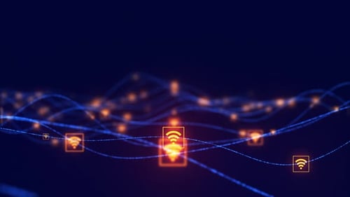 Glowing Futuristic Network with Animated WiFi Symbols and Data Flow