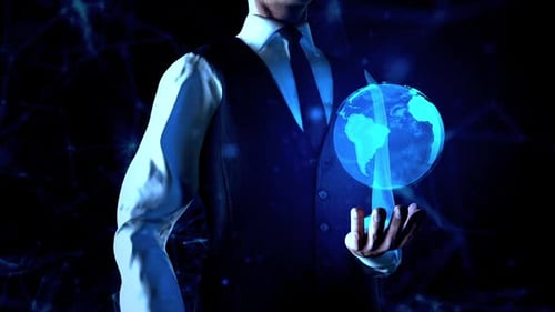 Businessman Holds Earth Globe Or World Hologram In Left Hand With Plexus Network Connection Lines