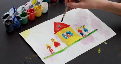 Painting Child's Drawing of House and Family