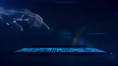 Futuristic Digital Hand Tapping on Circuit Board Tablet