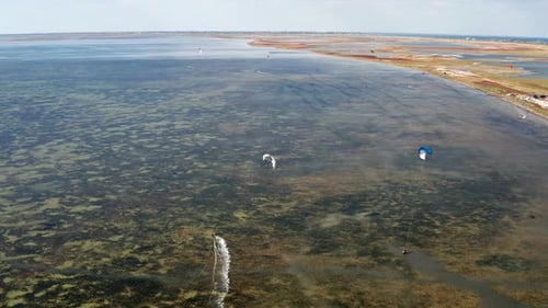 People go kitesurfing on the sea. The wind carries the athlete along the sea waves.