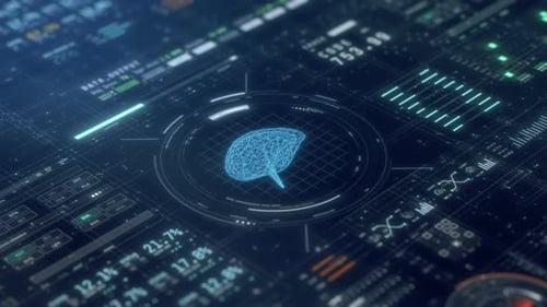 Futuristic Wireframe Brain Hologram with Digital Data Interface