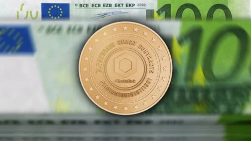 Pièces d'or de crypto-monnaie de lien de chaîne sur la boucle des billets en euros