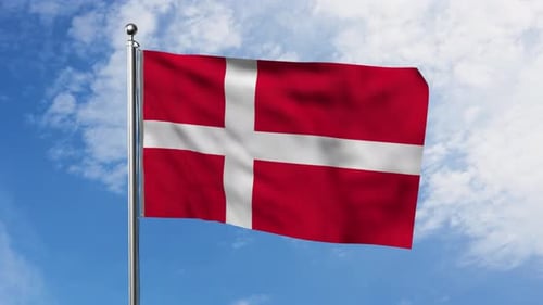 Danish National Flag Waving in Blue Sky Animation