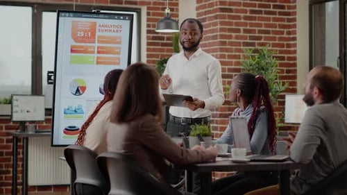 Company Employee Presenting Business Strategy with Charts