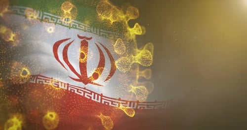 Iranian Flag Waving with Abstract Virus Particle Overlay