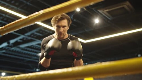 Focused Sport Man Boxing at Gym. Male Boxer Doing Punches on Boxing Ring