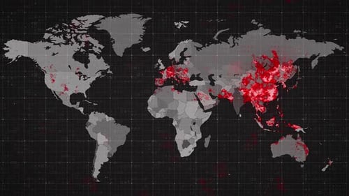 Animation de la carte du monde et des pays virant au rouge à travers des cercles sur fond sombre