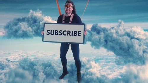 Happy Parachutist with Subscribe Placard in Sky