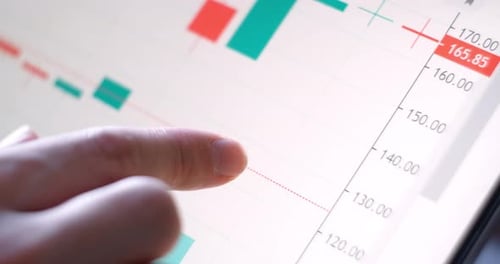 Financial Trading Chart at Digital Display. Trader Man Using Tablet With Stock Market Data. Analysis