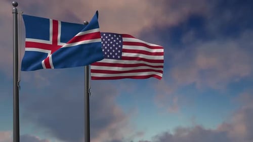 Realistic Waving Flags of Iceland and the USA Side by Side