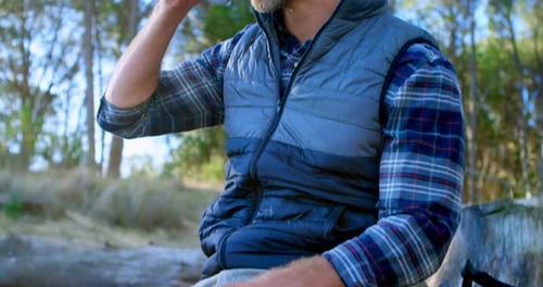 Male Hiker Having Coffee in The Forest 4k