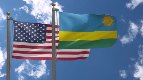 USA and Rwanda Flags Waving Together on Flagpoles