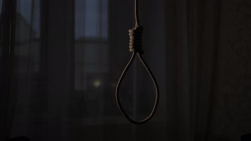 A Rope Noose Hangs in a Dark Apartment