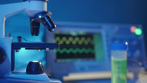 Close Up of a Optical Scientific Microscope in Laboratory