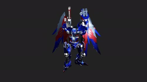 Futuristic Blue and Red Combat Robot Animation with Wings