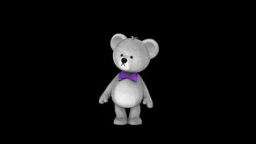 Animated Grey Teddy Bear Looking Around With Purple Bow Tie