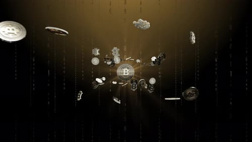 Digital Cryptocurrency Coins Falling with Logo Reveal