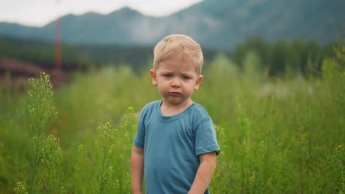 Der verärgerte kleine Junge steht zwischen hohem grünem Gras auf einem üppigen Feld