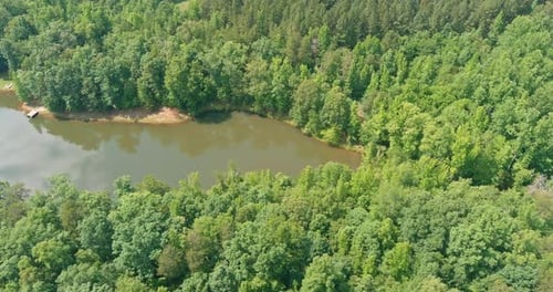 Landscape panorama, blue water in a forest lake with green forests trees
