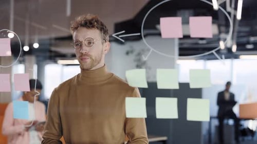 Young Man Planning at Office Glass Whiteboard