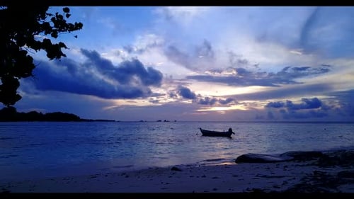 Aerial drone travel of beautiful island beach journey by blue ocean and white sandy background of a