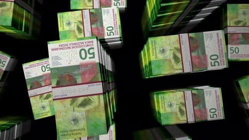 Flight over the Swiss Francs money banknote packs loop