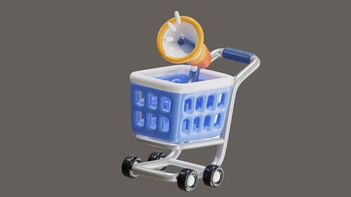 3D Animated Shopping Cart with Megaphone Announcement
