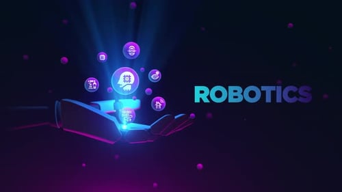 Futuristic Robotic Hand Holding AI Technology Icons Hologram