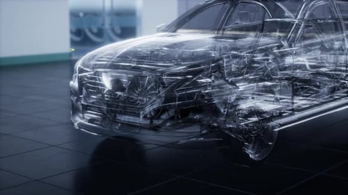 Transparentes Auto mit Motor im Labor