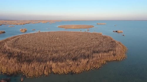 Aerial View of Grassy Islets in Tropical Lake