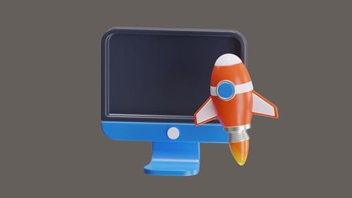 Animated 3D Rocket Launching from Monitor Icon