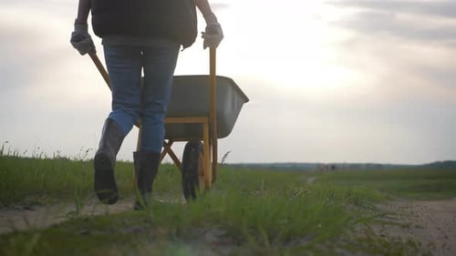 Adult Pulling Wheelbarrow on Rural Dirt Path